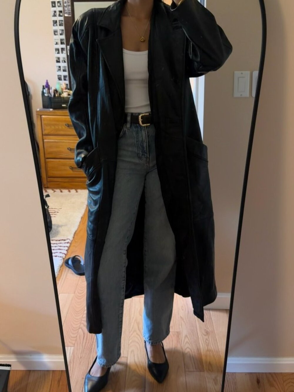 Vintage Siena Studio Black Genuine Leather Trench Coat Size S/M